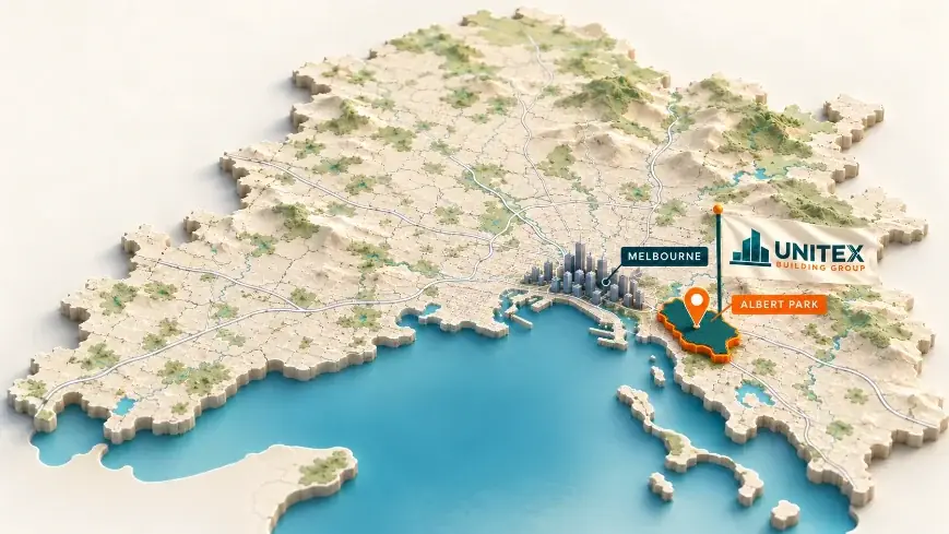 Illustrated map of Melbourne with Albert Park highlighted, showing where Unitex Building & Construction Group services