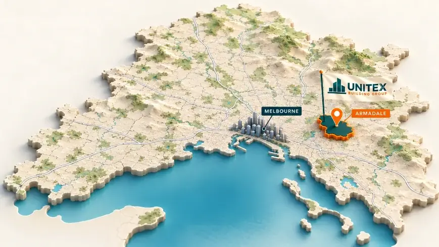 Illustrated map of Melbourne with Armadale highlighted, showing where Unitex Building & Construction Group services