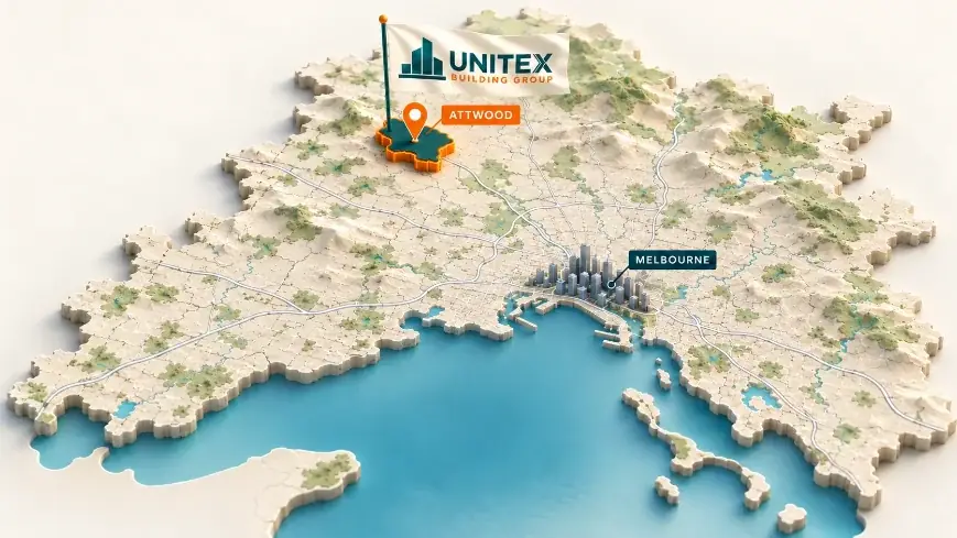Illustrated map of Melbourne with Attwood highlighted, showing where Unitex Building & Construction Group services