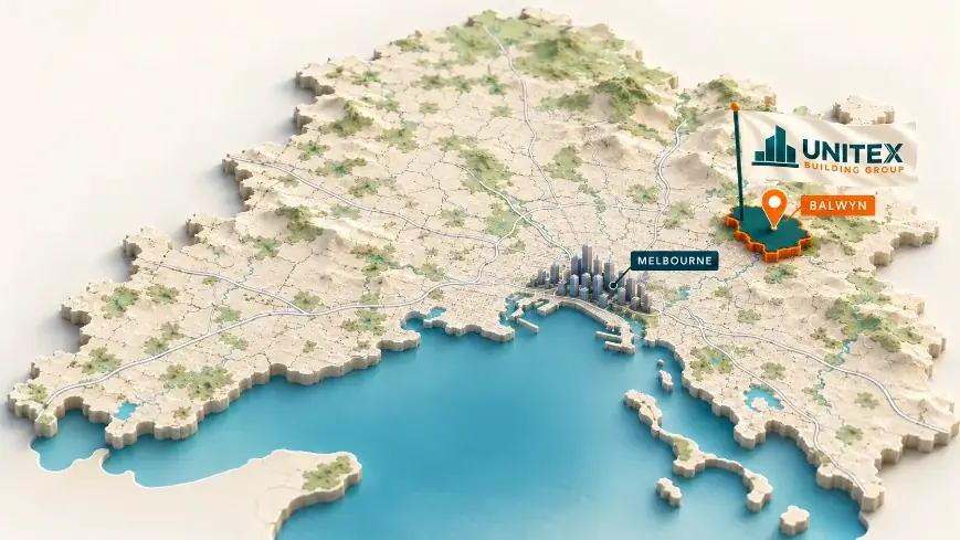 Illustrated map of Melbourne with Balwyn highlighted, showing where Unitex Building & Construction Group services