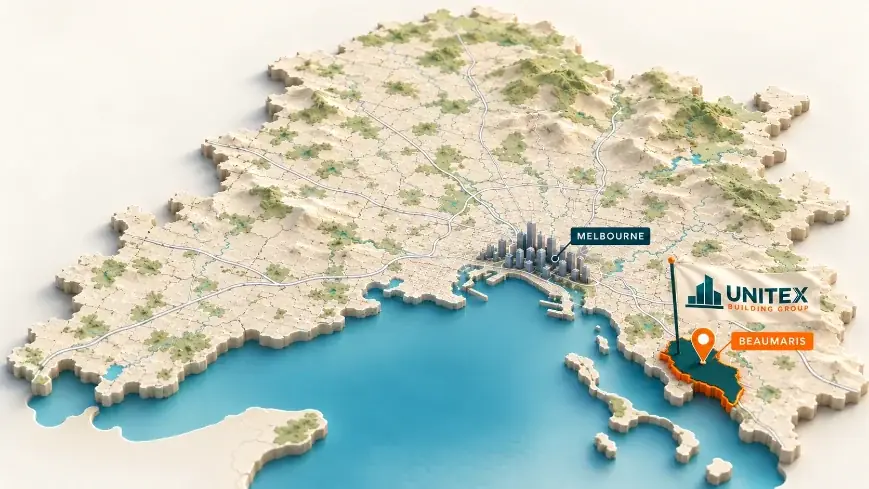 Illustrated map of Melbourne with Beaumaris highlighted, showing where Unitex Building & Construction Group services