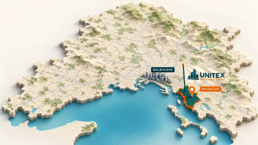 Illustrated map of Melbourne with Brighton highlighted, showing where Unitex Building & Construction Group services