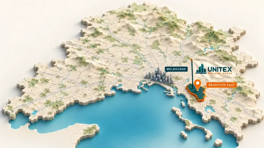 Illustrated map of Melbourne with Brighton East highlighted, showing where Unitex Building & Construction Group services