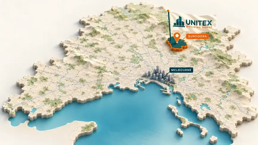 Illustrated map of Melbourne with Bundoora highlighted, showing where Unitex Building & Construction Group services