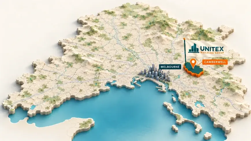 Illustrated map of Melbourne with Camberwell highlighted, showing where Unitex Building & Construction Group services