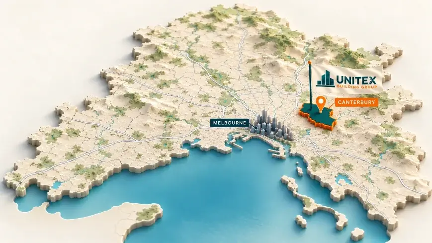 Illustrated map of Melbourne with Canterbury highlighted, showing where Unitex Building & Construction Group services