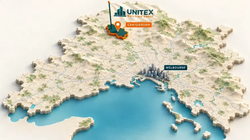 Illustrated map of Melbourne with Craigieburn highlighted, showing where Unitex Building & Construction Group services