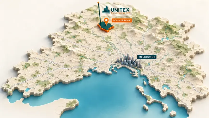 Illustrated map of Melbourne with Donnybrook highlighted, showing where Unitex Building & Construction Group services