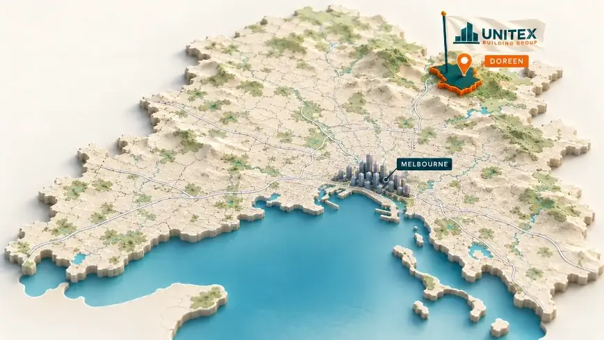 Illustrated map of Melbourne with Doreen highlighted, showing where Unitex Building & Construction Group services