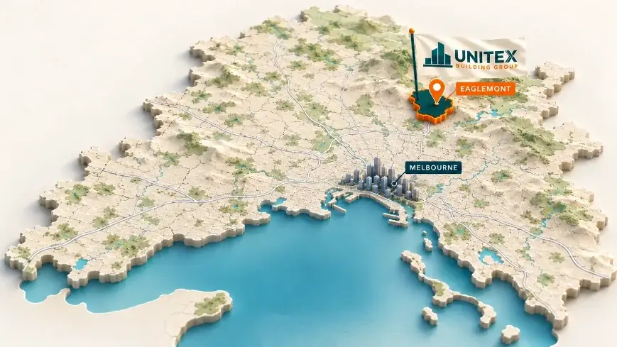 Illustrated map of Melbourne with Eaglemont highlighted, showing where Unitex Building & Construction Group services