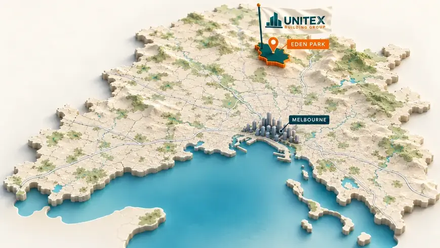 Illustrated map of Melbourne with Eden Park highlighted, showing where Unitex Building & Construction Group services