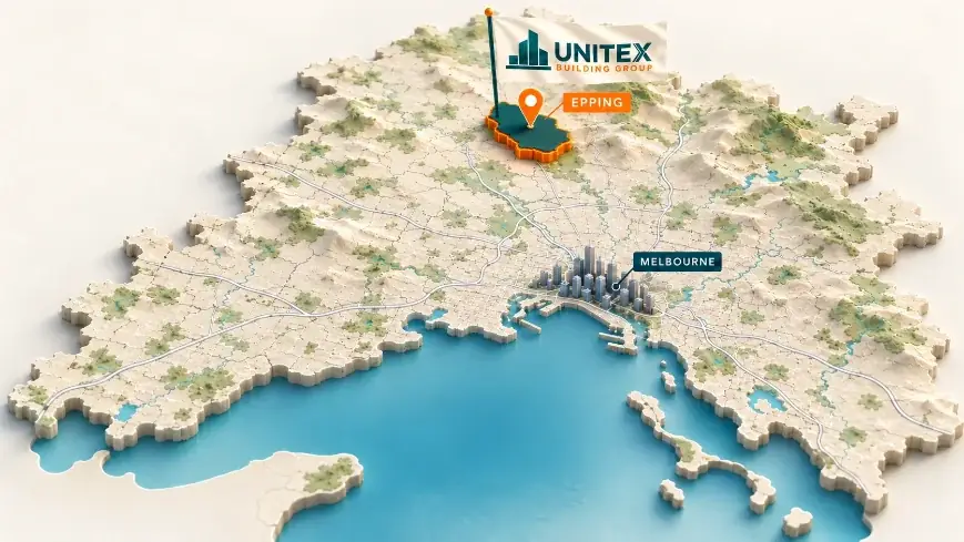 Illustrated map of Melbourne with Epping highlighted, showing where Unitex Building & Construction Group services