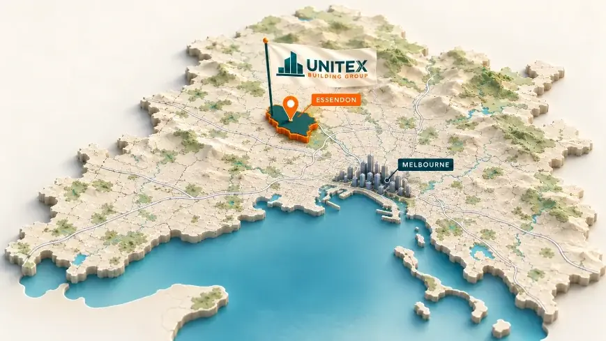 Illustrated map of Melbourne with Essendon highlighted, showing where Unitex Building & Construction Group services