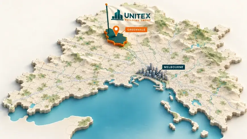 Illustrated map of Melbourne with Greenvale highlighted, showing where Unitex Building & Construction Group services