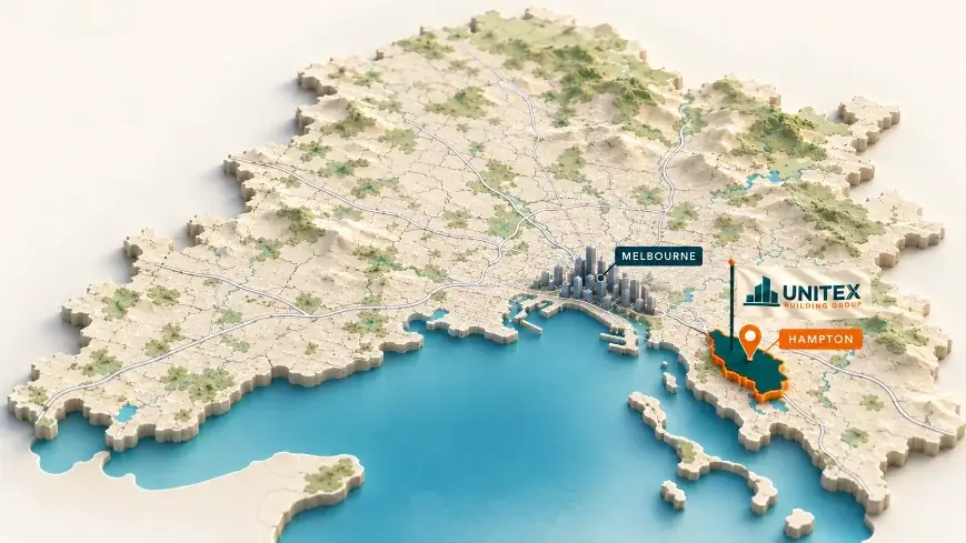 Illustrated map of Melbourne with Hampton highlighted, showing where Unitex Building & Construction Group services