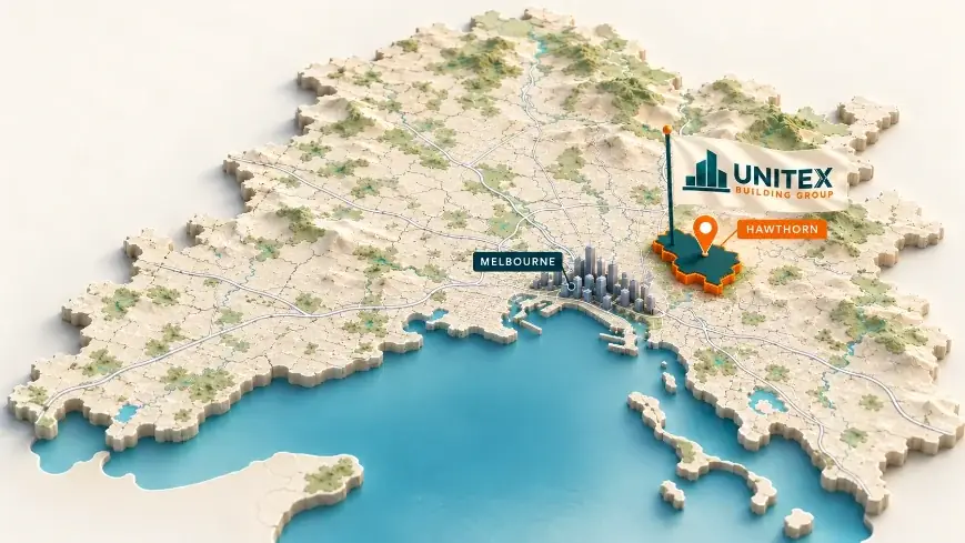 Illustrated map of Melbourne with Hawthorn highlighted, showing where Unitex Building & Construction Group services