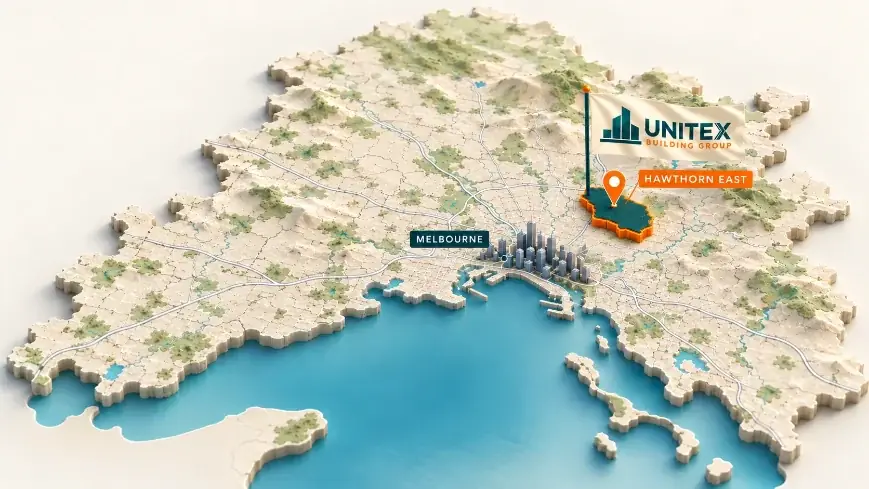 Illustrated map of Melbourne with Hawthorn East highlighted, showing where Unitex Building & Construction Group services