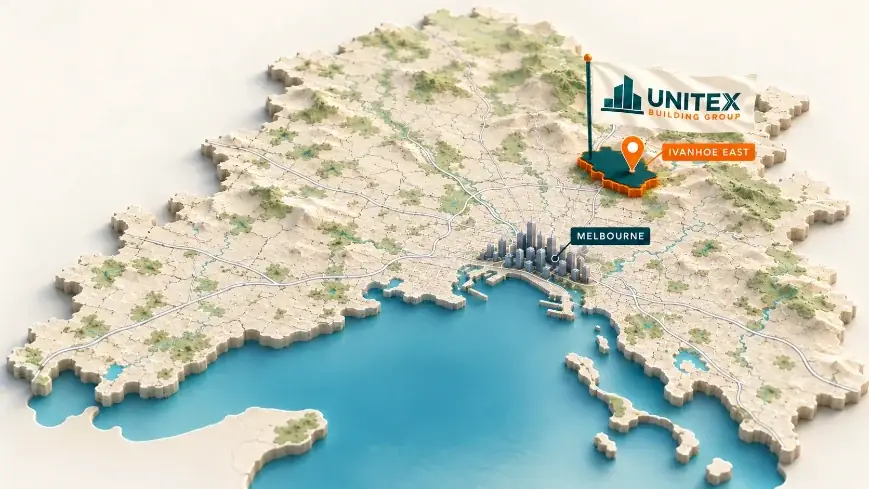 Illustrated map of Melbourne with Ivanhoe East highlighted, showing where Unitex Building & Construction Group services