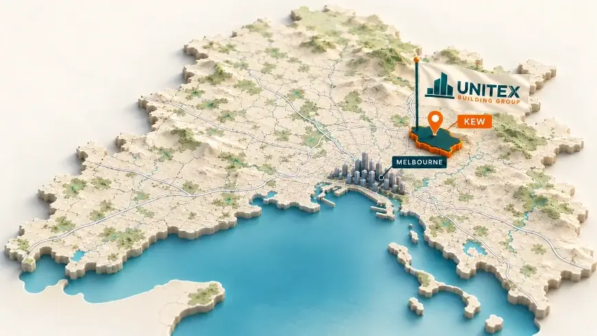 Illustrated map of Melbourne with Kew highlighted, showing where Unitex Building & Construction Group services