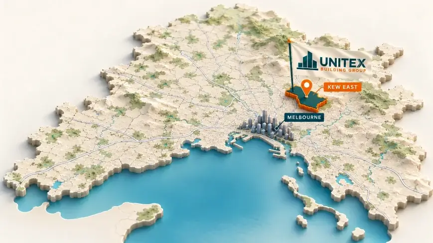 Illustrated map of Melbourne with Kew East highlighted, showing where Unitex Building & Construction Group services