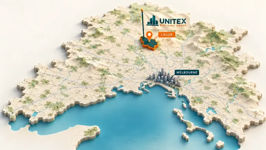 Illustrated map of Melbourne with Lalor highlighted, showing where Unitex Building & Construction Group services
