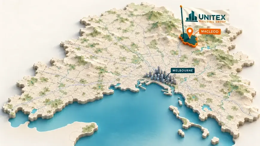 Illustrated map of Melbourne with Macleod highlighted, showing where Unitex Building & Construction Group services