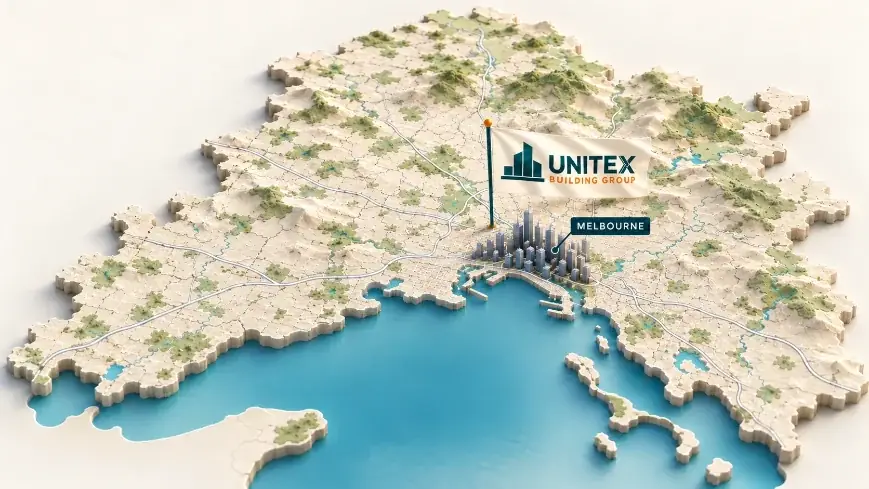 Illustrated map of Melbourne and Port Phillip Bay with the Unitex Building & Construction Group flag over the city