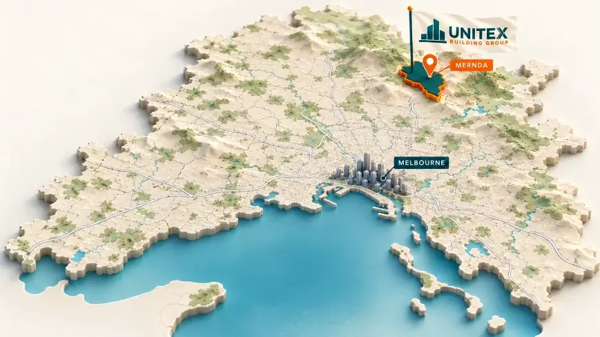 Illustrated map of Melbourne with Mernda highlighted, showing where Unitex Building & Construction Group services