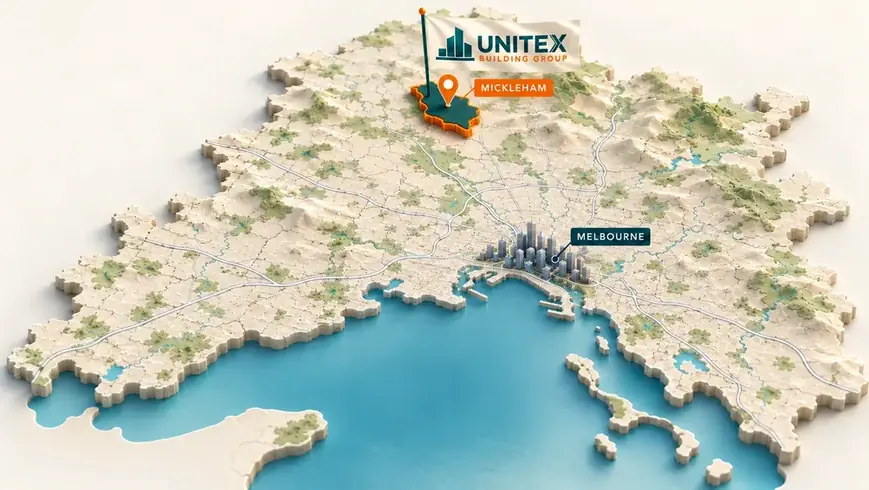 Illustrated map of Melbourne with Mickleham highlighted, showing where Unitex Building & Construction Group services