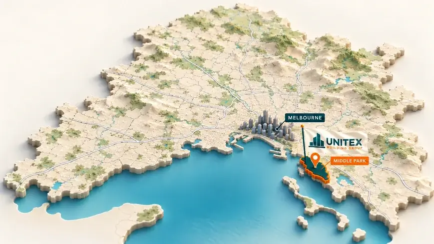 Illustrated map of Melbourne with Middle Park highlighted, showing where Unitex Building & Construction Group services