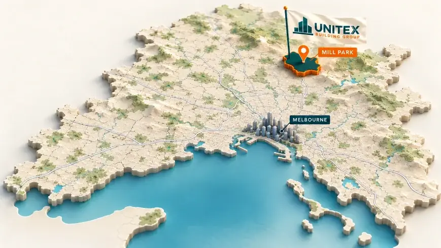 Illustrated map of Melbourne with Mill Park highlighted, showing where Unitex Building & Construction Group services