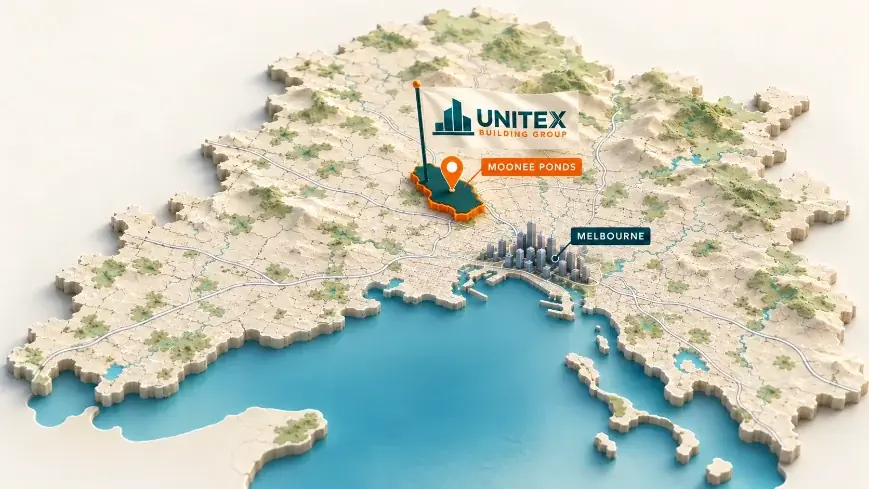 Illustrated map of Melbourne with Moonee Ponds highlighted, showing where Unitex Building & Construction Group services
