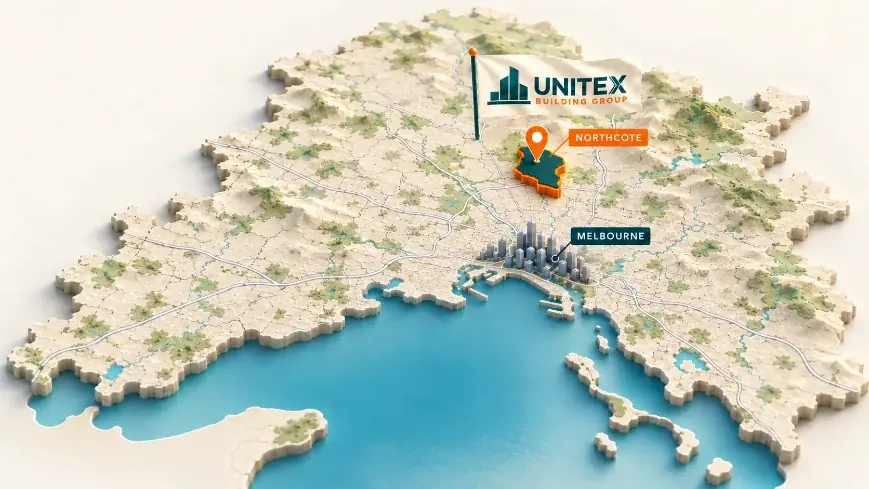 Illustrated map of Melbourne with Northcote highlighted, showing where Unitex Building & Construction Group services