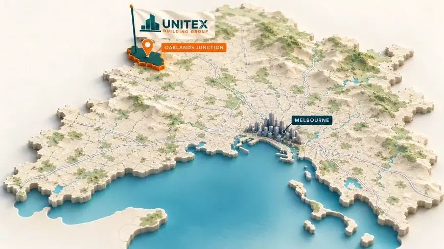 Illustrated map of Melbourne with Oaklands Junction highlighted, showing where Unitex Building & Construction Group services