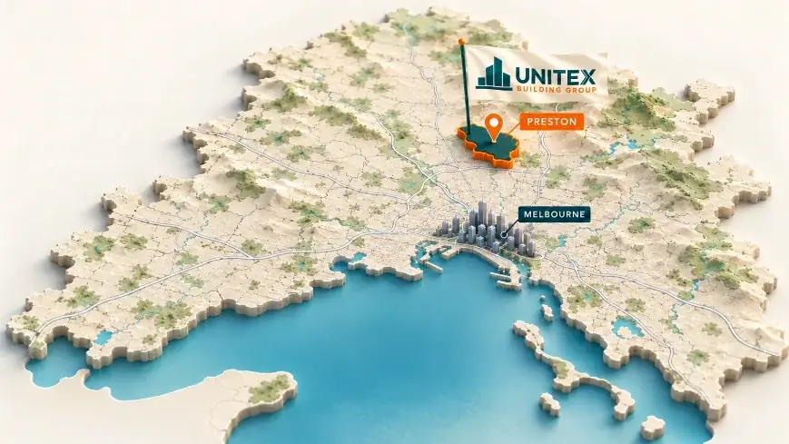 Illustrated map of Melbourne with Preston highlighted, showing where Unitex Building & Construction Group services