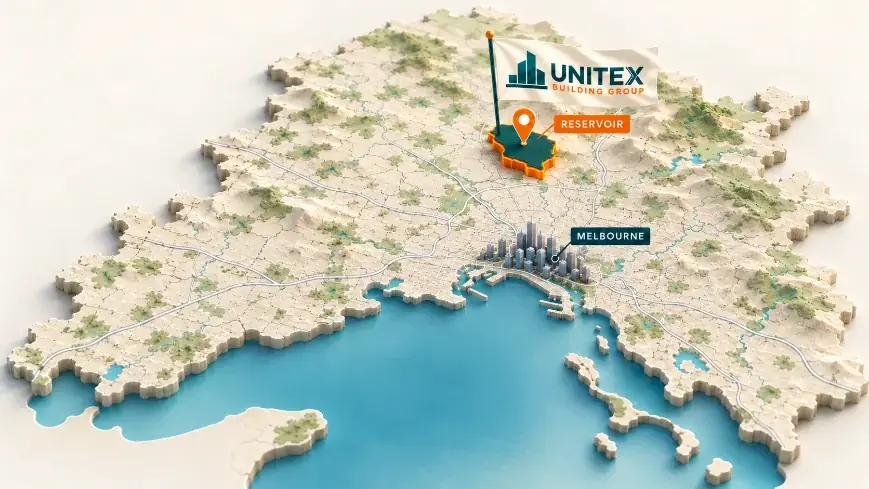 Illustrated map of Melbourne with Reservoir highlighted, showing where Unitex Building & Construction Group services