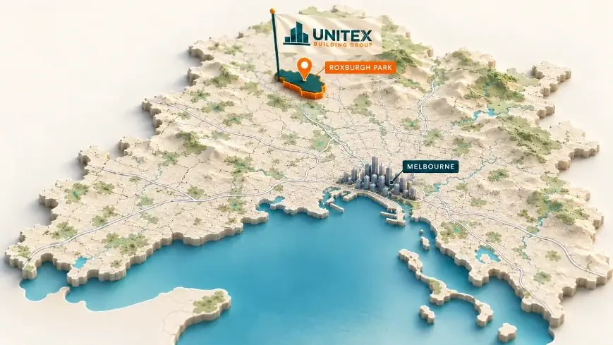 Illustrated map of Melbourne with Roxburgh Park highlighted, showing where Unitex Building & Construction Group services