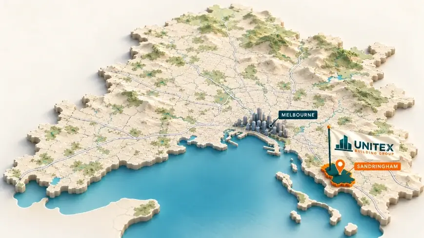 Illustrated map of Melbourne with Sandringham highlighted, showing where Unitex Building & Construction Group services