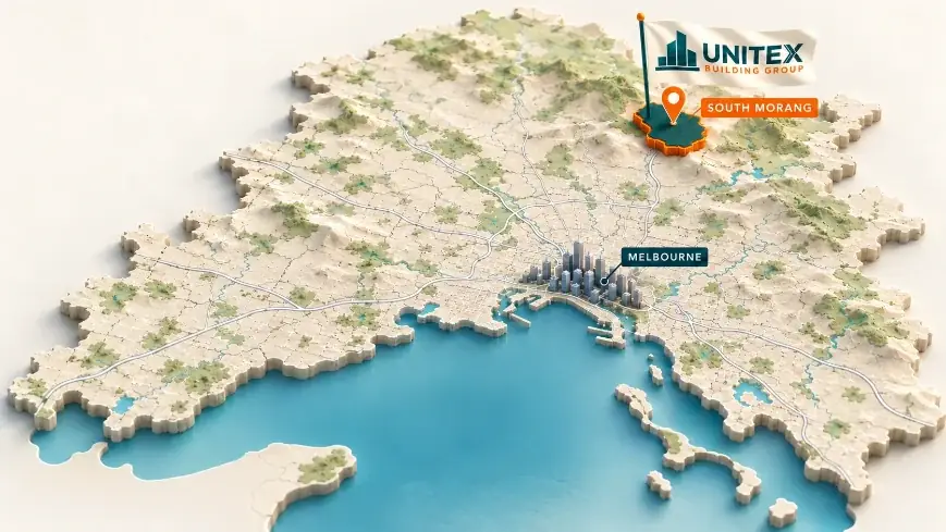Illustrated map of Melbourne with South Morang highlighted, showing where Unitex Building & Construction Group services