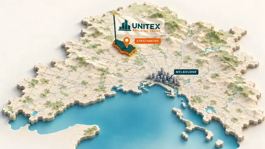 Illustrated map of Melbourne with Strathmore highlighted, showing where Unitex Building & Construction Group services