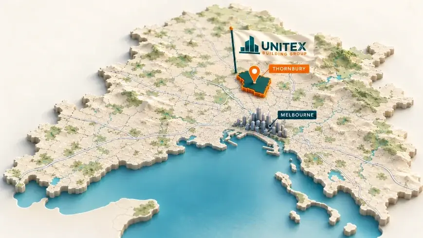 Illustrated map of Melbourne with Thornbury highlighted, showing where Unitex Building & Construction Group services