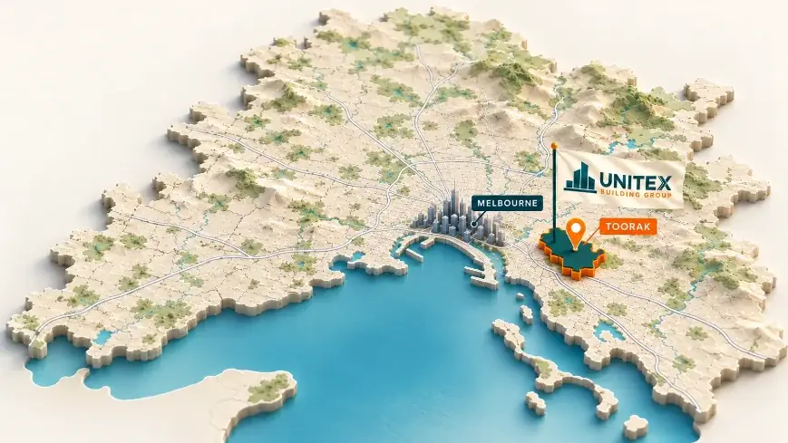 Illustrated map of Melbourne with Toorak highlighted, showing where Unitex Building & Construction Group services