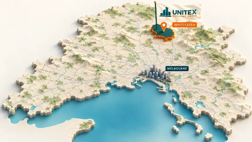 Illustrated map of Melbourne with Whittlesea highlighted, showing where Unitex Building & Construction Group services