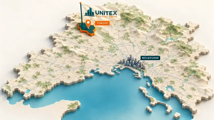 Illustrated map of Melbourne with Yuroke highlighted, showing where Unitex Building & Construction Group services